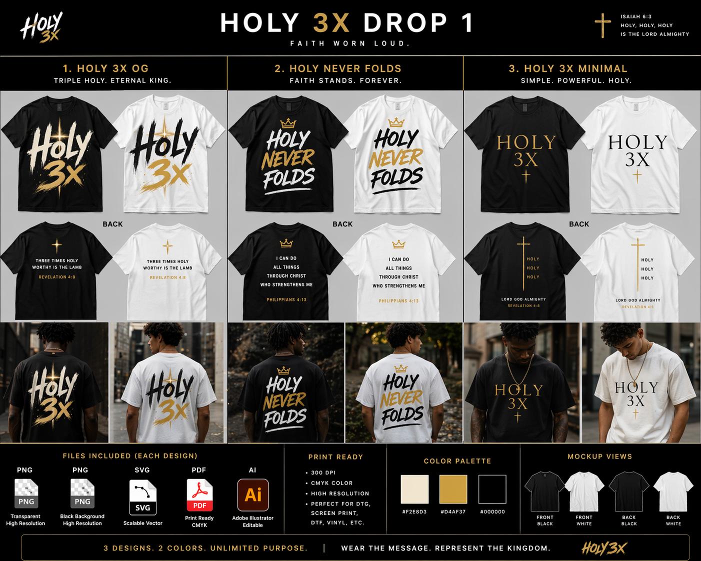 HOLY 3X Drop 1 lookbook showing all three designs on tees and hoodies, with brand color palette and product range